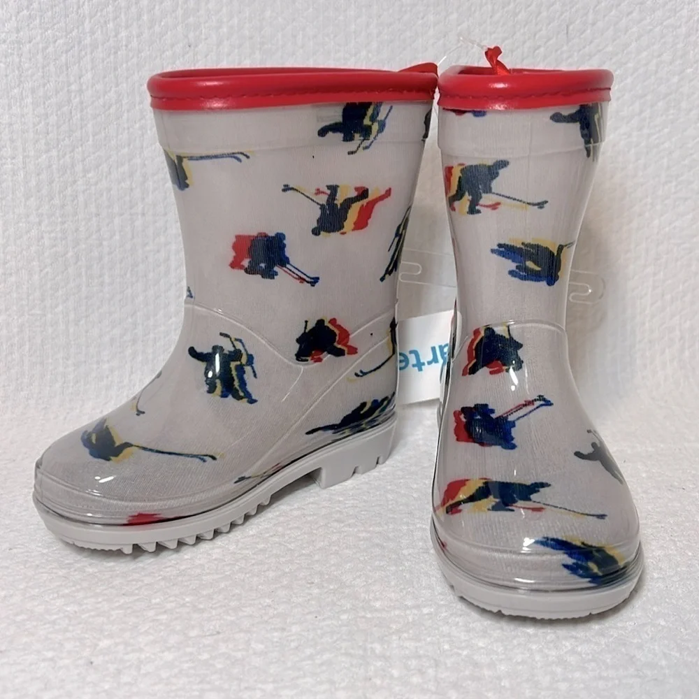Carter's Prime Rain Boots Grey Hockey Print‎ Galoshes Spring Puddles Toddler 5M